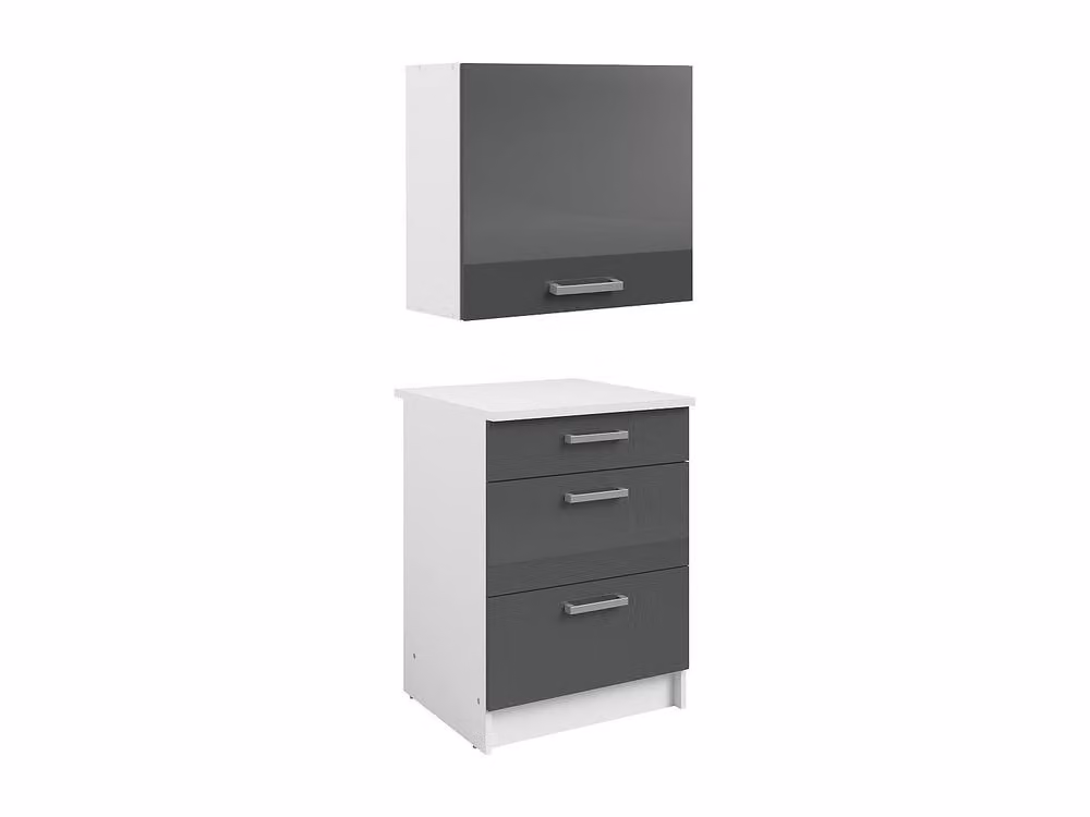 Vente-unique Glossy Grey Kitchen Cabinet Set with 1 Base Unit and 1 Wall Unit featuring 3 Drawers and 1 Door – 2