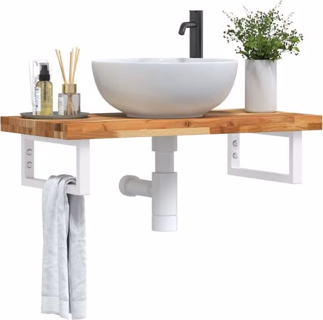 Berkfield Home Wall Mounted Basin Shelf in Brown Acacia Wood and Steel – 1