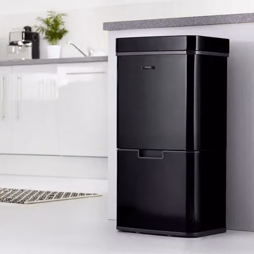 Cooks Professional 75L Recycling Sensor Bin with Dual Compartments, Removable Food Caddy and 25 Biodegradable Bin Bags in Black and Copper – 2