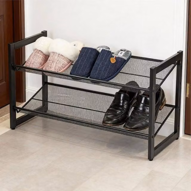 EONLION 2 Tier Stackable Metal Shoe Rack Organiser in Black, W: 50 cm, D: 42 cm, H: 50 cm – 1