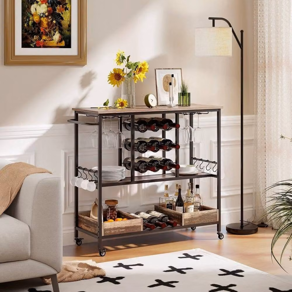 KORVIXA 3-Tier Black Metal and Glass Bar Cart with Castors – 3
