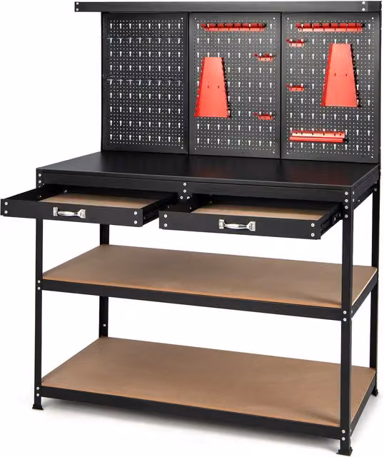 COSTWAY Multipurpose Metal Garage Workbench with Pegboard, Black