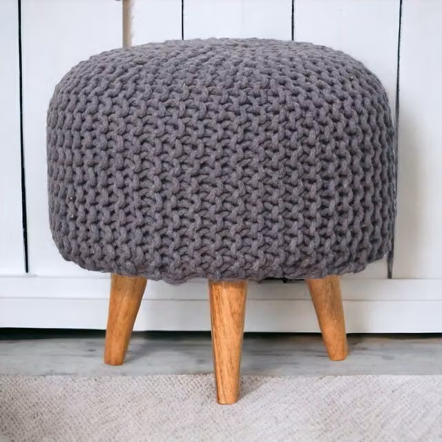 Artisan Furniture Keeva Modern Cylindrical Round Footstool in Grey and Brown with Knit Fabric and Wood Frame