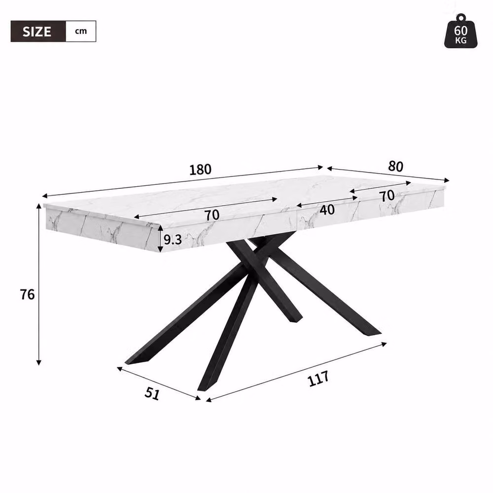 Merax Rectangular Extendable Dining Table with White Marble Effect Top and Black Metal X-Frame Legs – 2