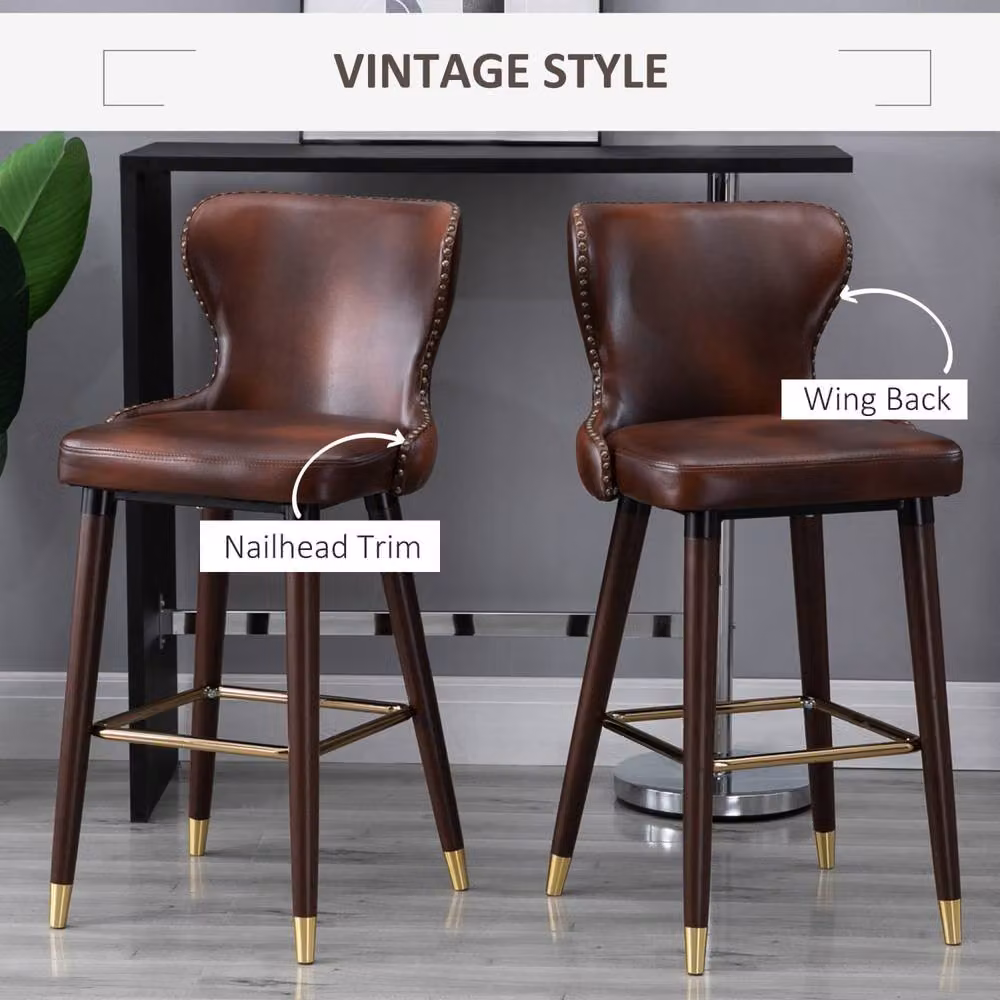 Wyld Haus Halotti Brown Faux Leather Bar Stools Set of 2 with Gold Accents and Rubberwood Legs, H 101 cm x W 53 cm x D 52 cm – 5