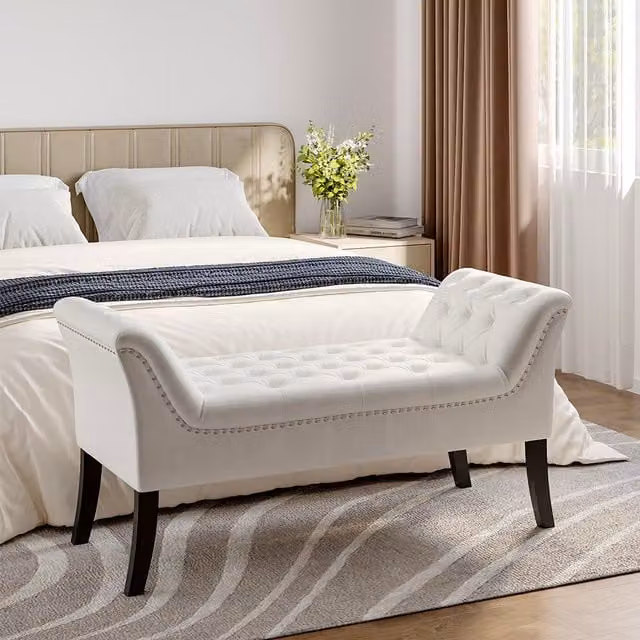 Livingandhome Straight Velvet Buttoned Bench with Wooden Legs in White