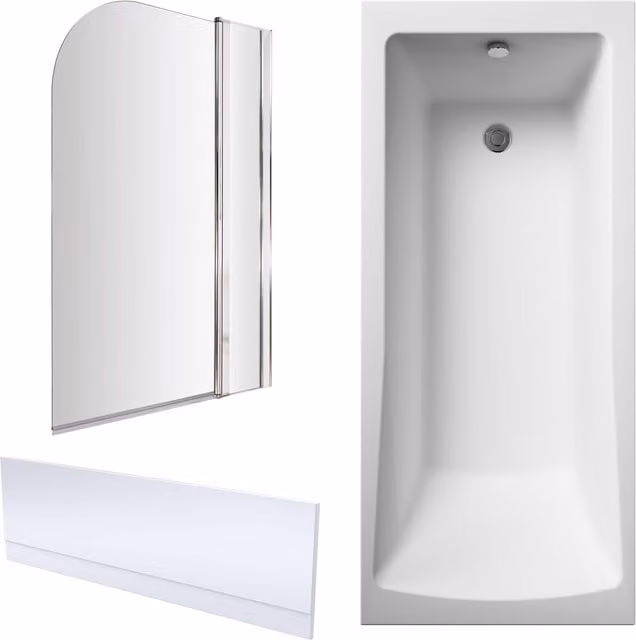 Balterley Square Single Ended Rectangular Bath with Panel and Chrome Straight Fixed Screen, White, W: 170 cm, D: 70 cm