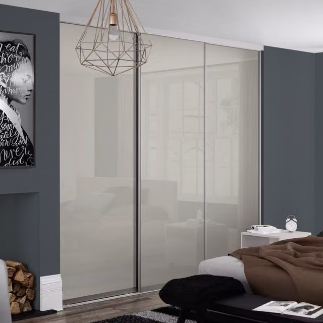 Spacepro Contour Sliding Wardrobe Door Kit with Silver Frame and Arctic White Glass, 3 Pack
