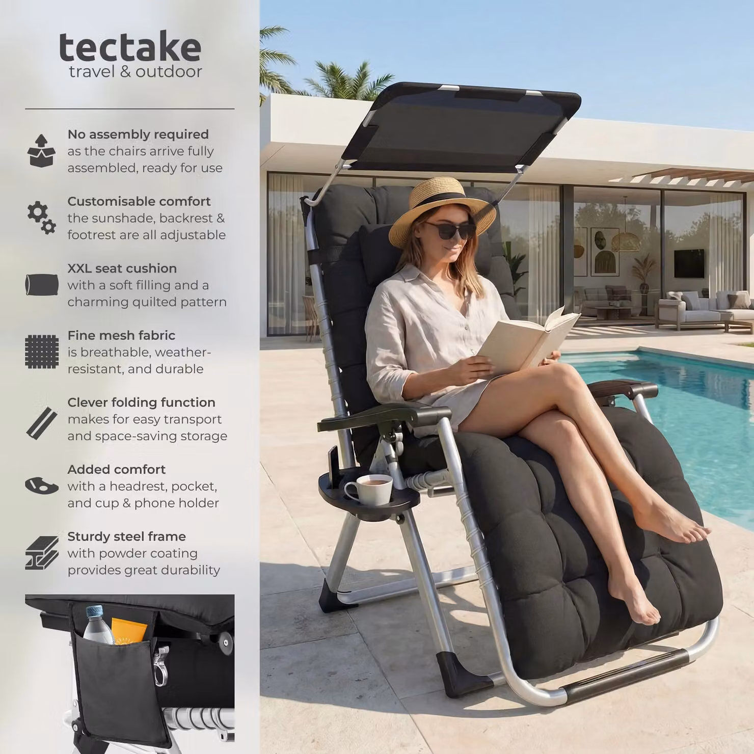 tectake Cirrus 2 Seater Sun Lounger in Black with Sun Canopy and Adjustable Headrest – 2