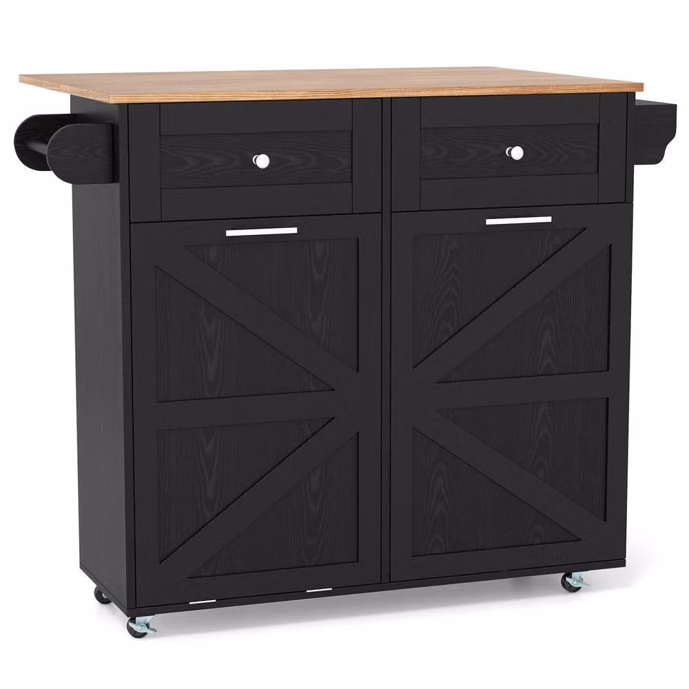 Costway Rolling Kitchen Island with Drop Leaf and 2 Drawers in Black – 9