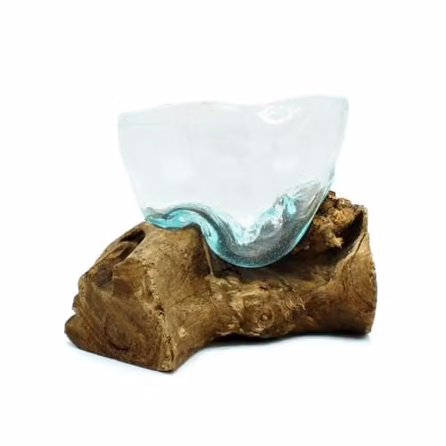 KDMD Brown and Transparent Molten Glass Bowl on Wood Base, W/D/H: 16.0 x 12.0 x 12.0 cm