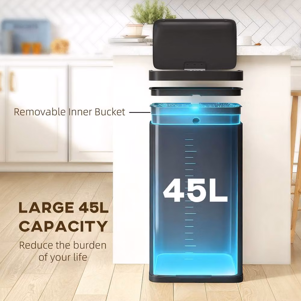 HOMCOM 45L Sensor Bin, Black Metal Kitchen Bin with Automatic Close – 4