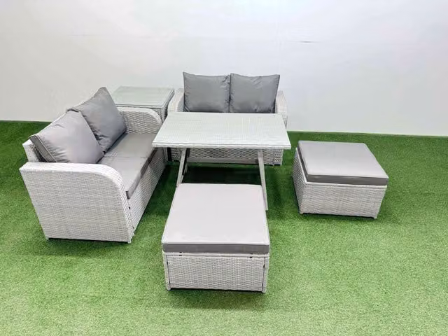 Fimous 6 Seater Rattan Garden Furniture Set with Upholstered Cushions in Light Grey