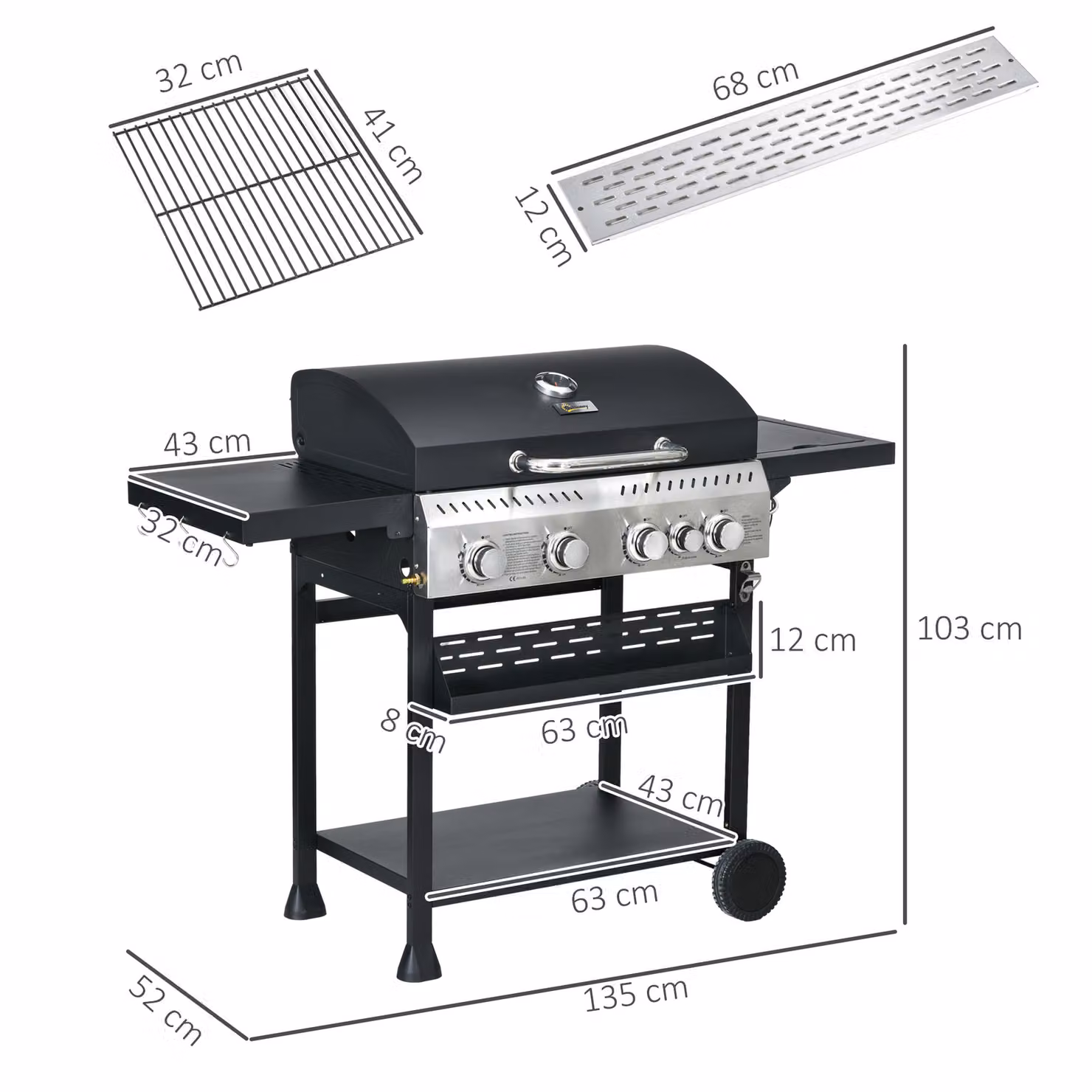 Outsunny Galvanised Steel 4+1 Gas Burner BBQ Grill Trolley with Side Burner and Warming Rack, Black – 3