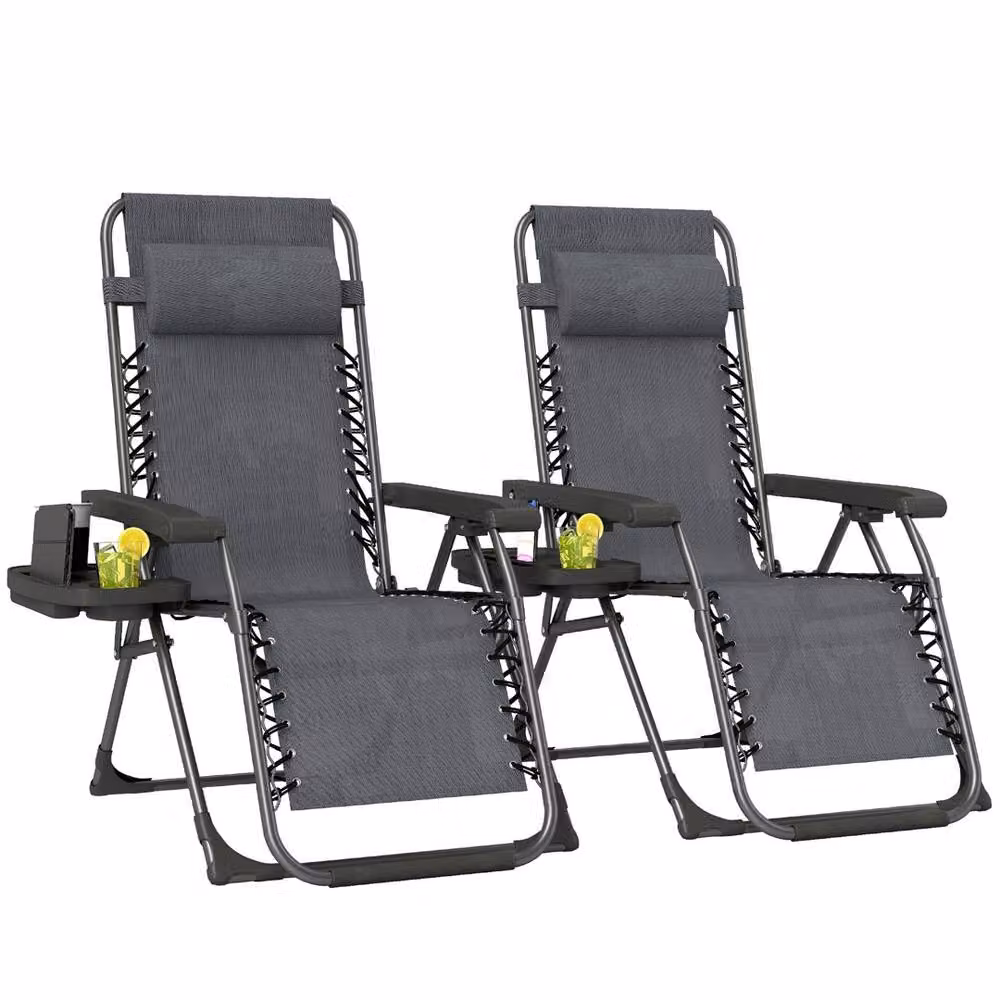 VOGREX Set of 2 Folding Garden Sunloungers with Cup Holders in Dark Grey – 4