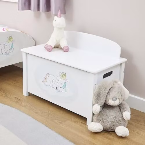 Liberty House Toys Kid's Wooden Unicorn Toy Box in White, W/D/H: 68.0 x 37.5 x 47.5 cm