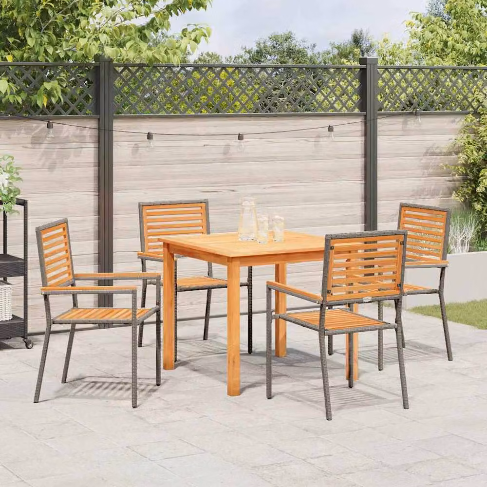Berkfield Home 5 Piece Grey Poly Rattan and Acacia Wood Garden Dining Set – 3