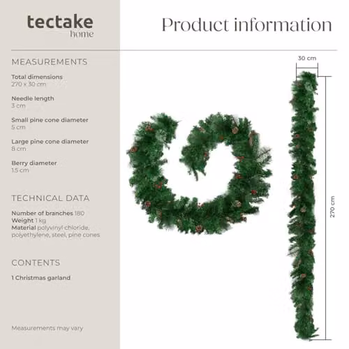 tectake Christmas Garland with Green Foliage and Leaves – 5