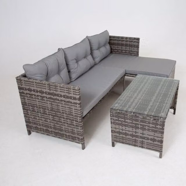Madefor.living Grey Riverside 3-Seat Rattan Corner Garden Conversation Set with Outdoor Coffee Table and Weather Resistant Cushions