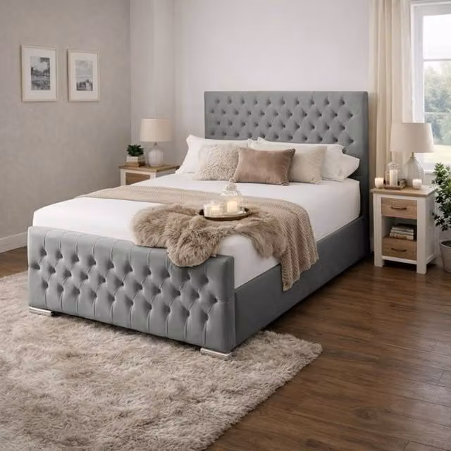 Desire Deco Kensington Upholstered Plush Velvet Bed Frame in Grey, Size: 180 x 200 cm