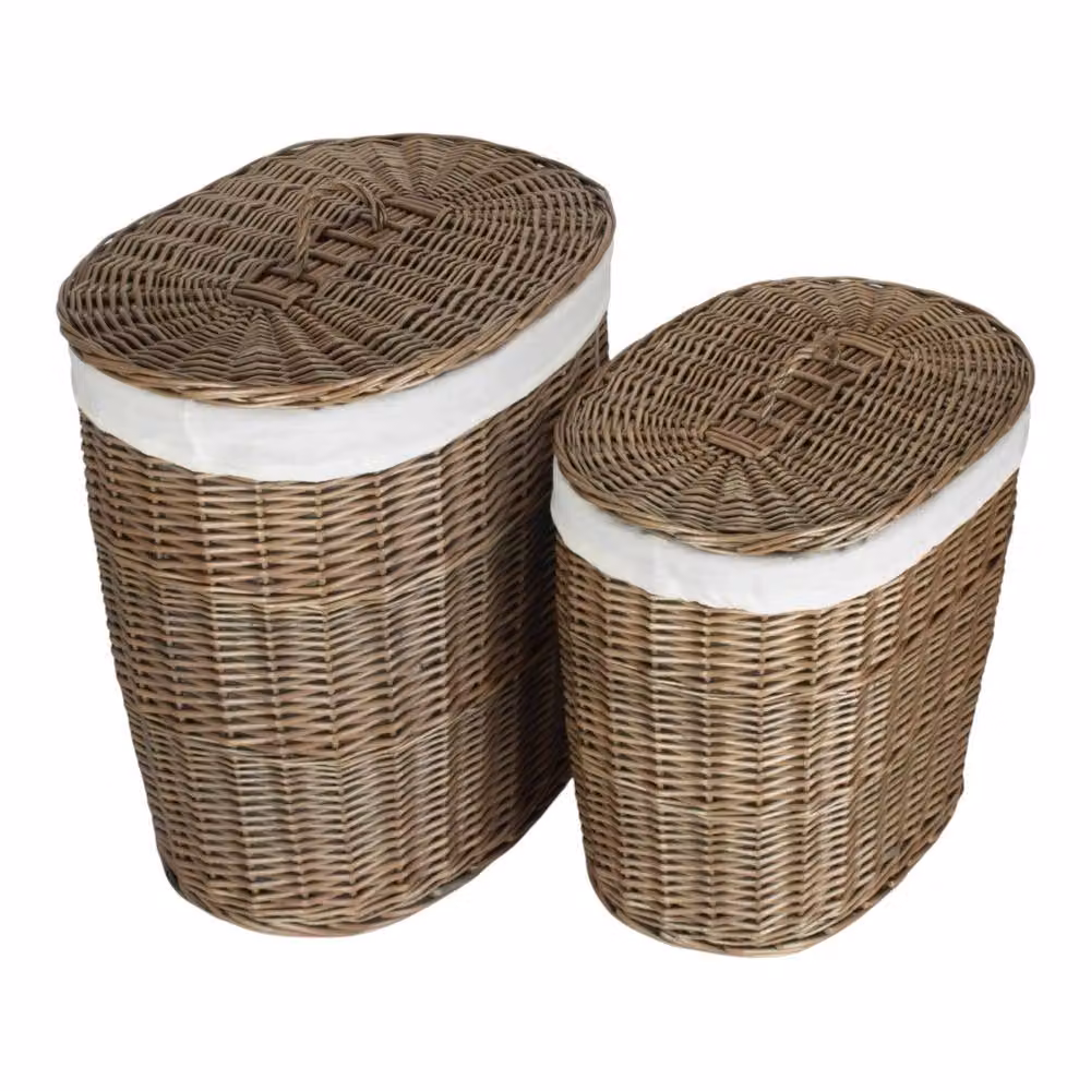 Red Hamper Set of 2 Brown Oval Willow Laundry Baskets with Antique Wash White Cotton Linings – 2