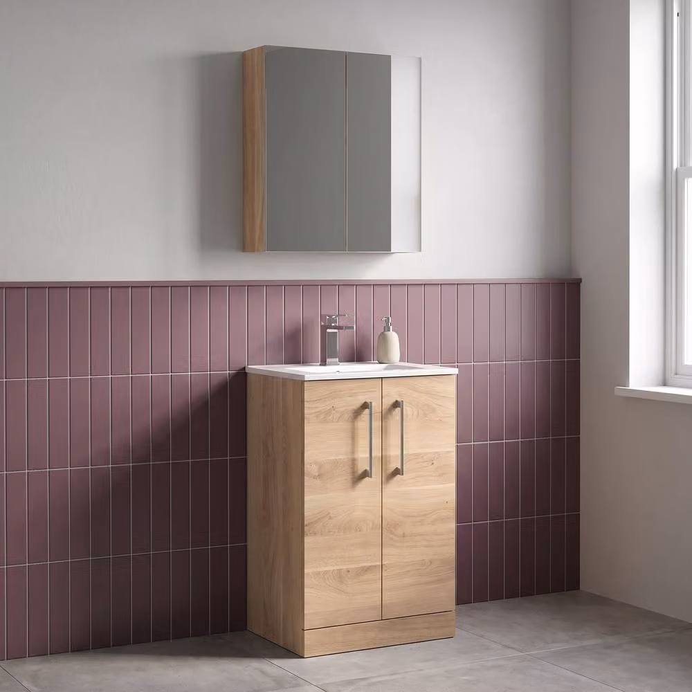 Balterley Modern Freestanding Bathroom Floor Vanity Unit in Bleached Oak Brown with 2 Soft Close Doors and Internal Shelves, Width: 50 cm – 2