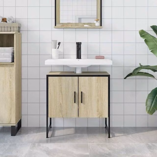 Berkfield Home Sturdy Bathroom Sink Cabinet in Sonoma Oak and Beige, W/D/H: 60 x 33 x 60 cm – 1