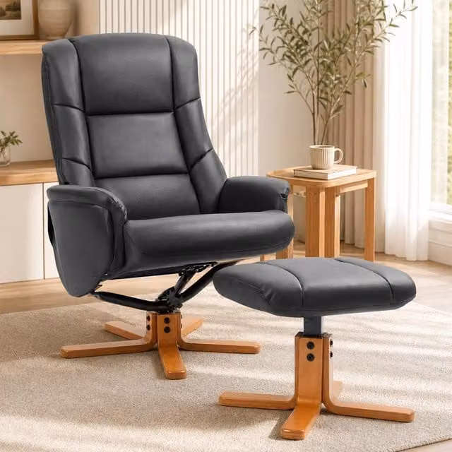 STILVORA Modern Black Synthetic Leather Recliner Armchair with Ottoman – 1