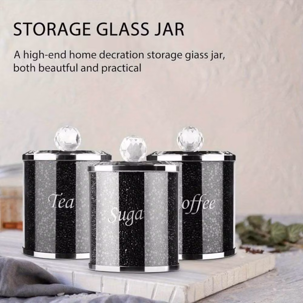 Smartbies Luxury Crystal Tea, Coffee and Sugar Canister Set in Black and Silver with Airtight Glass Lids – 7