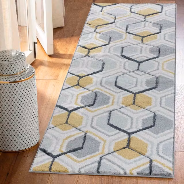 Desire Rugs Valencia Modern Hexagon Design Carved Grey Runner, W: 60 cm, L: 220 cm