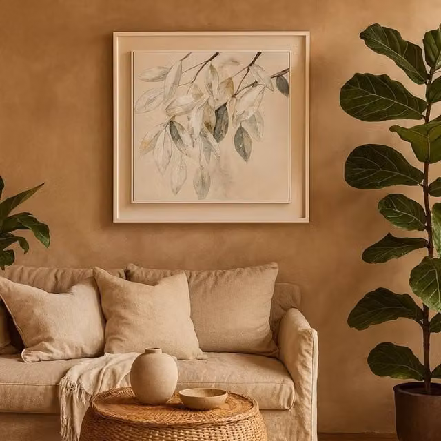 Wyld Haus Gacilly Scandi Downward Leaf Framed Canvas Painting in Beige, Green and Brown, W/H: 100 x 100 cm – 1