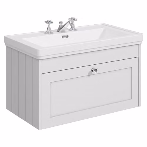 Balterley Wall Hung Single Drawer Vanity Unit with 3 Tap Hole Rectangular Basin in White, W/D/H: 80.0 x 45.3 x 43.1 cm