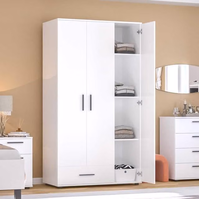FWStyle Modern Matt White 3 Door 1 Drawer Wardrobe with Internal Shelves and Hanging Rod – 1