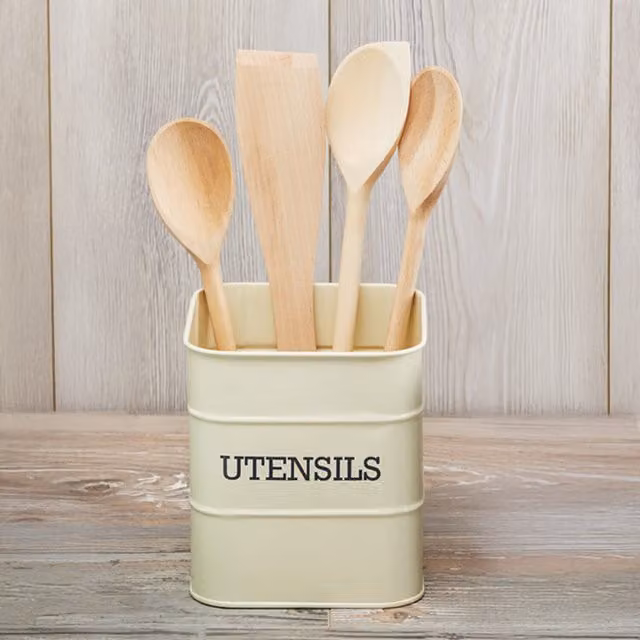 Living Nostalgia Antique Cream Metal Utensil Pot in Beige and White