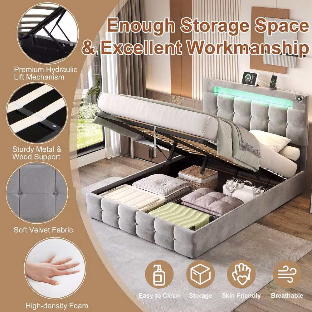 Merax Grey Velvet Upholstered Double Ottoman Bed with LED Lighting and USB Charging Station, W: 140 cm, D: 200 cm – 6