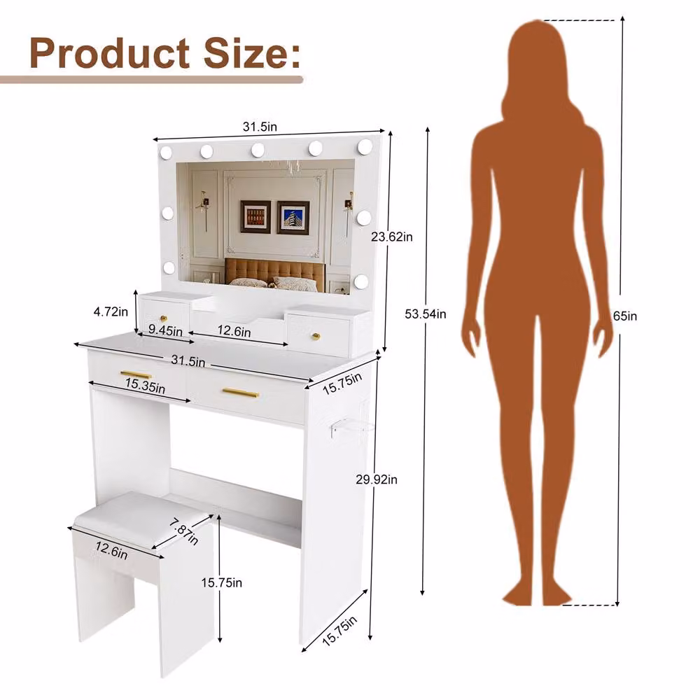 Direct Wicker Hollywood Makeup Vanity with 9-Bulb LED Large Mirror and Stool in White – 2