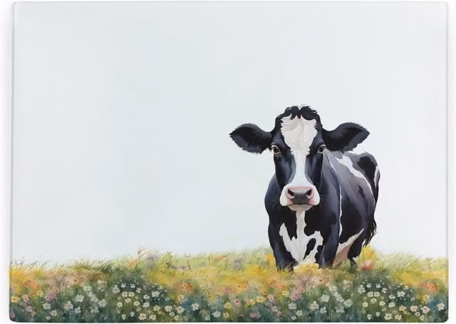 Purely Home Friesian Cow Large Smooth Glass Worktop Protector and Cutting Board in Black, White and Multicolour