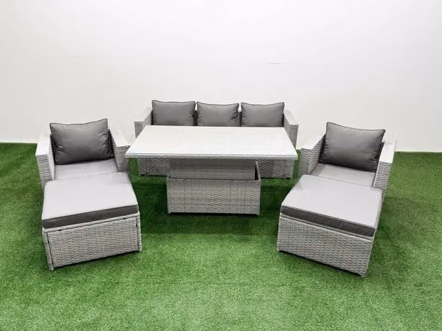 Fimous 6 Piece Rising Dining Table Set with 2 Large Footstools in Light Grey Rattan and Glass