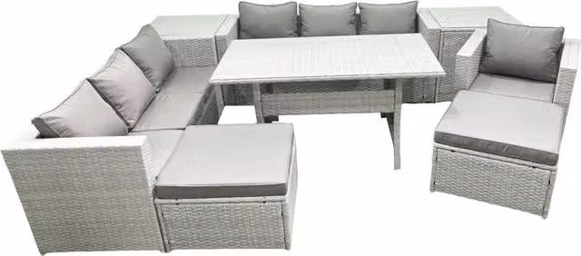 Fimous 9 Piece Grey Rattan Outdoor Sofa Set with Cushions, Dining Table, Armchair, Side Tables and Footstools – 1