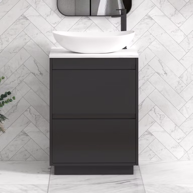 Royal Bathrooms Orion 600mm Matt Obsidian Black Floor Standing 2 Drawer Vanity Unit with Cesar Basin and Black Accent Trim