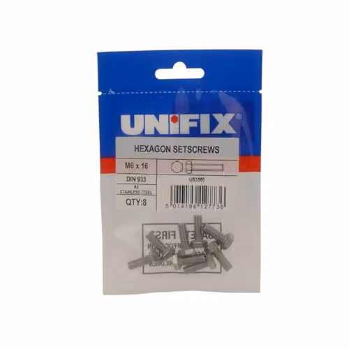 Unifix A2-304 Stainless Steel Hexagon Socket Setscrews DIN 933, M8 x 40 mm, Silver, Box of 10