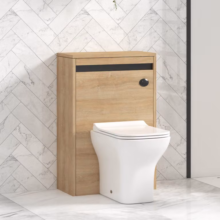 Royal Bathrooms Orion Natural Oak Wall Mounted WC Unit with Qubix Rimless Ceramic Toilet Pan, Slim Seat and Cistern with Black Accent Trim, Width: 54 cm