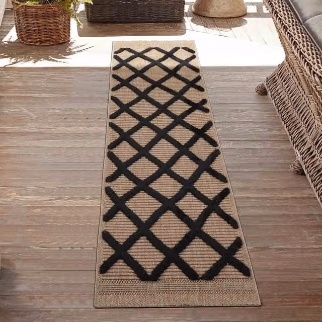Rugs by Desire Harper Aztec Pattern Water Resistant Indoor Outdoor Garden Runner, Black, W: 60 cm, L: 220 cm