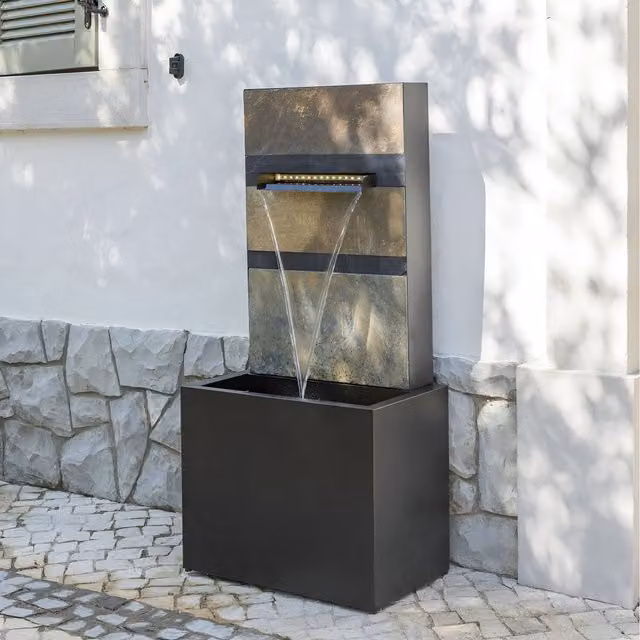 Primrose Alhambra Zinc 8-Tier Stone Cascade Wall Water Feature with Lights in Black