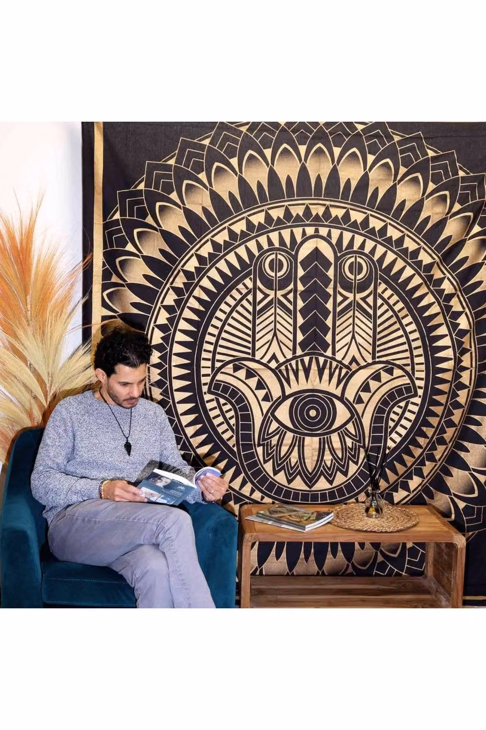 KDMD Hamsa Black and Gold Cotton Double Bedspread and Wall Hanging Set with Geometric Boho Art – 2