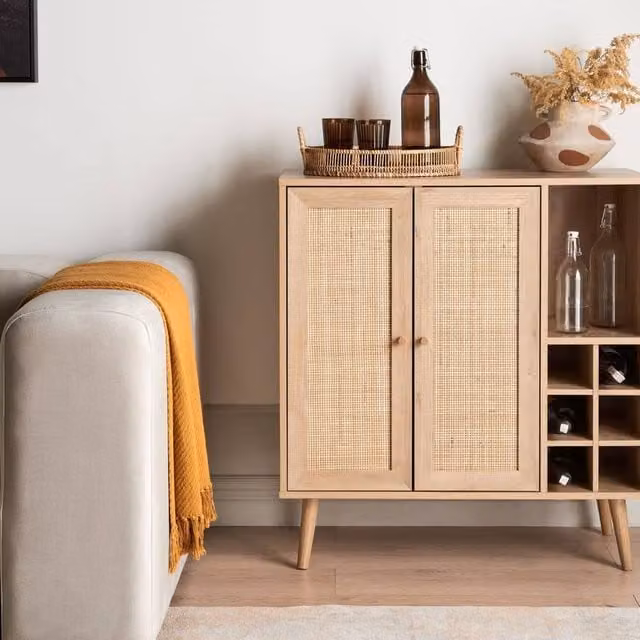 Wyld Haus Wyld and Coco Boho Style Sideboard with Wine Rack and Wicker Rattan Fronts in Brown – 1