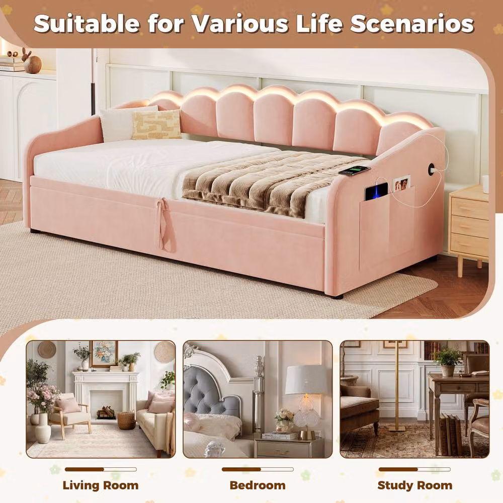 BTM Petal Daybed in Pink Velvet with RGB LED Under-Bed Lighting, USB Charging Port and Hydraulic Storage, W/D/H: 190 x 90 x 78 cm – 2