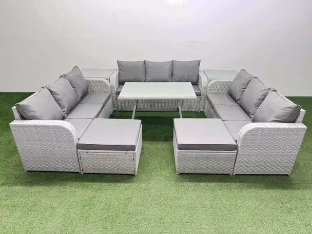 Fimous 11 Seat Outdoor Rattan Garden Furniture Set with 2 Side Tables in Light Grey