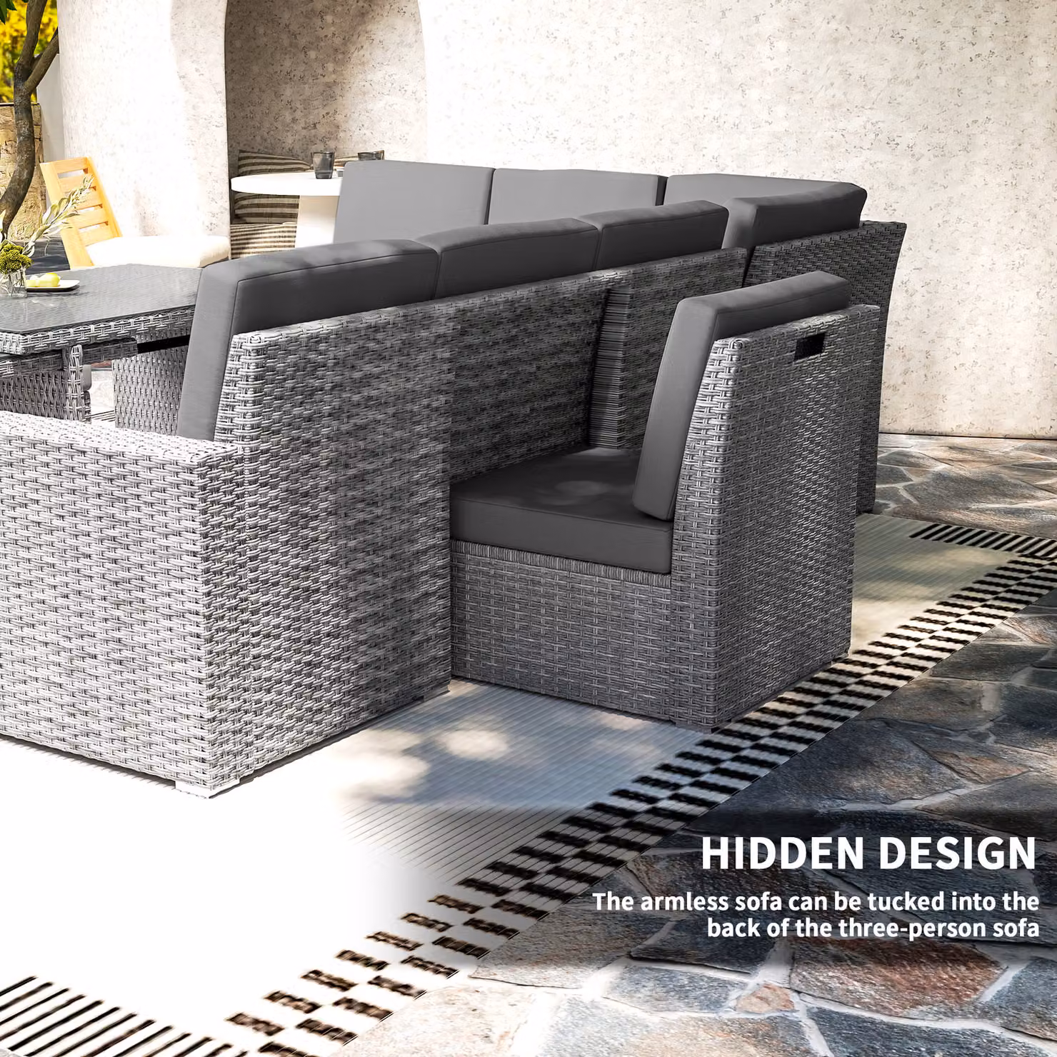 Outsunny Seven-Piece L-Shape Rattan Garden Sofa Set with Extendable Glass Coffee Table, Light Grey – 4