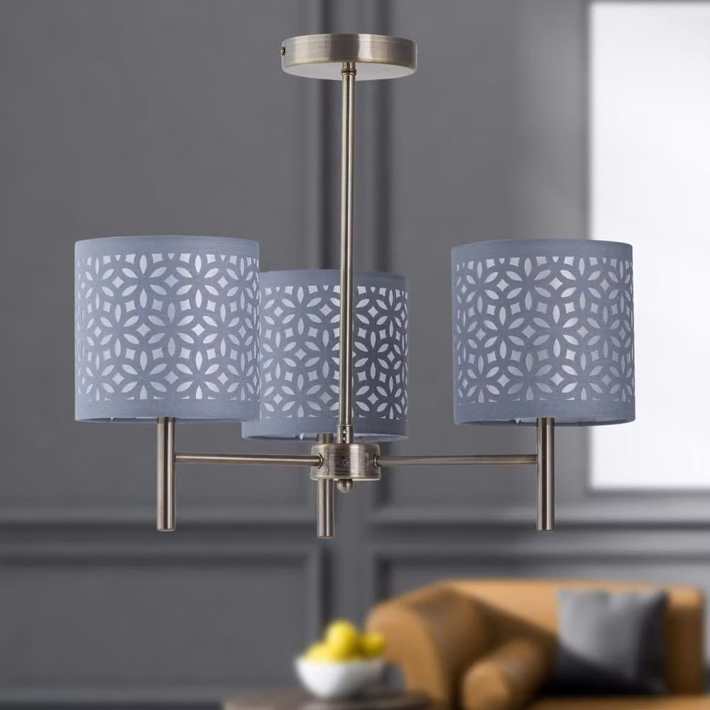 First Choice Lighting Brea Antique Brass 3 Light Ceiling Fitting with Grey Fabric Shades – 3